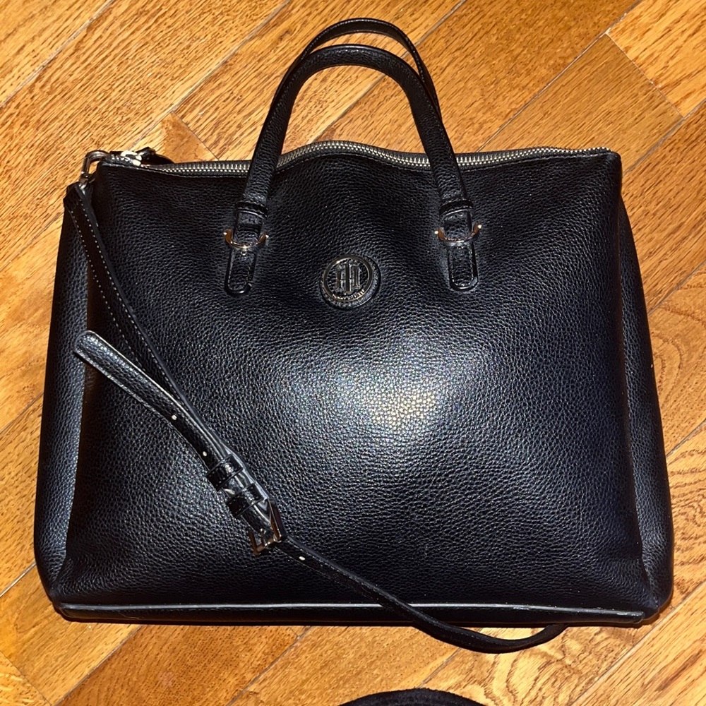 Tommy Hilfiger Black Pebbled Leather Tote with Crossbody Strap